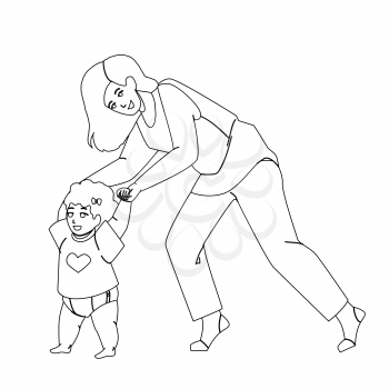 Baby Toddler Taking First Steps With Mother Black Line Pencil Drawing Vector. Baby Toddler Learning To Walk With Mom, Woman Help Support Cute Unstable Walking. Characters Happy Family Illustration