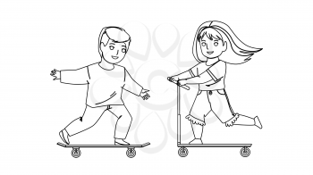 Children Boy And Girl Drivers On Transport Black Line Pencil Drawing Vector. Schoolboy On Skateboard And Schoolgirl Driving Kick Scooter, Children Drivers Funny Active Time Together. Illustration