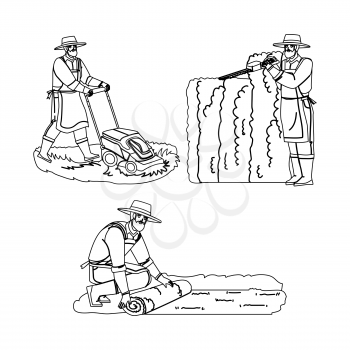 Gardener Man Work In Garden Collection Set Black Line Pencil Drawing Vector. Gardener Pruning Hedge With Secateur, Laying Lawn And Mowing Grass With Mower Device. Agricultural Worker Illustration