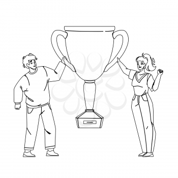 Goal Achievement Celebrate Couple With Cup Black Line Pencil Drawing Vector. Success Goal Achievement Celebrating Man And Woman And Holding Golden Mug. Characters People Win Championship Illustration