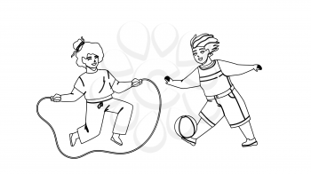 Kids Summer Active Games On Playground Black Line Pencil Drawing Vector. Preteen Boy Playing With Ball And Girl Jumping Rope, Kids Summer Activities. Characters Children Enjoying Together Illustration