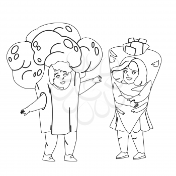Kids Dressed Vegetables On School Stage Black Line Pencil Drawing Vector. Kids Dressed Vegetables, Little Boy In Broccoli Suit And Girl Wearing Costume In Carrot Form For Party. Illustration