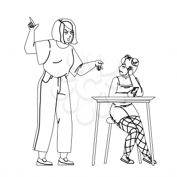 Teenage Parent Screaming At Daughter Kid Black Line Pencil Drawing Vector. Teenage Parent Mother Shouting At Girl, Sad Teen Sitting At Table With Smartphone And Looking At Mom. Characters Illustration