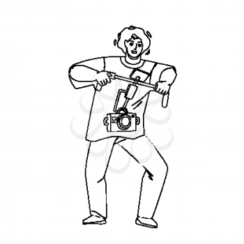 Videographer Make Video With Digital Camera Black Line Pencil Drawing Vector. Videographer Making Movie With Professional Electronic Device. Operator Recording Clip With Electronic Gadget Illustration