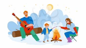 Family Picnic Enjoying Together Outdoor Vector. Father Playing On Guitar, Mother And Son Child Frying Marshmallow On Camp Fire, Family Picnic In Nature. Characters Flat Cartoon Illustration