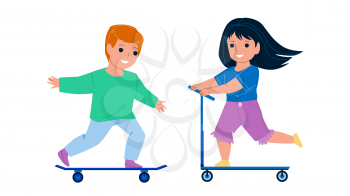 Children Boy And Girl Drivers On Transport Vector. Schoolboy On Skateboard And Schoolgirl Driving Kick Scooter, Children Drivers Funny Active Time Together. Characters Flat Cartoon Illustration