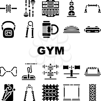 Home Gym Equipment Collection Icons Set Vector. Hand Expander And Massage Roll, Suitcase With Dumbbells Gym Tool, Skipping Rope And Exercise Mat Glyph Pictograms Black Illustrations