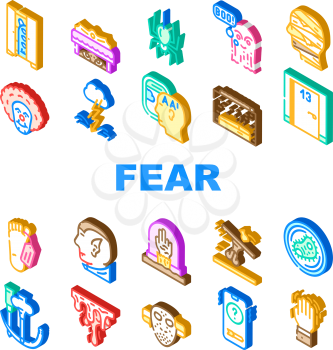 Fear Phobia Problem Collection Icons Set Vector. Monster And Vampire Fear, Ghost And Zombie, Mummy And Poltergeist, Blood And Bacteria Dread Color Illustrations