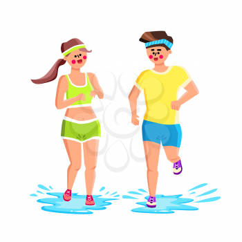 Water Shoes Wear Sportspeople For Running Vector. Young Man And Woman Wearing Waterproof Shoes And Run Together On Puddles With Splash. Characters Sport Active Time Flat Cartoon Illustration