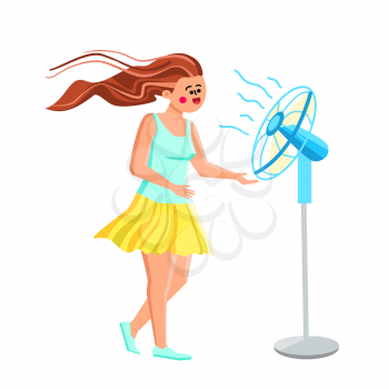 Fan Air Device Cool Enjoying Young Woman Vector. Fan Air Gadget Cooling Enjoy Girl With Floating Hair. Happy Smiling Character Relax Wind From Ventilator In Hot Weather Day Flat Cartoon Illustration