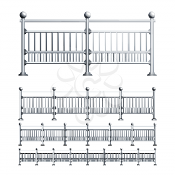Steel Railings Exterior Construction Set Vector. Collection Of Elegance Stainless Railings, Balcony Or Street Fencing, Metallic Handrail. Metal Fence Template Realistic 3d Illustrations