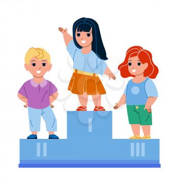 Children Celebrate Victory In Competition Vector. Boy And Girl Kids Standing On Pedestal And Celebrating Victory In Sport Championship. Characters Winners In Sportive Game Flat Cartoon Illustration