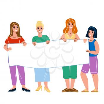 Women On Protest Demonstration Hold Banner Vector. Young Girls Protesting With Blank Poster On Demonstration. Characters Ladies Protesting Together On Meeting Flat Cartoon Illustration