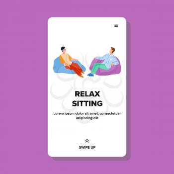Relax Sitting Enjoying Young Boys Together Vector. Men Relax Sitting On Softness Comfortable Armchair Pillows. Characters Comfort Relaxation Leisure Time Web Flat Cartoon Illustration
