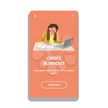 Office Burnout Business Woman At Table Vector. Sad And Disappointed Girl Hard Working On Laptop, Office Burnout And Overwork. Depressed Character Lady Heavy Work Web Flat Cartoon Illustration