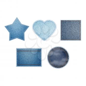 Denim Shapes For Decorating Clothing Set Vector. Collection Of Different Blank Denim Shapes. Star And Heart, Rectangular, Square And Circle Form. Jeans Tissue Patches Mockup Realistic 3d Illustrations