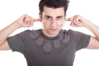 Royalty Free Photo of a Man With His Fingers in His Ears