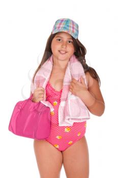 Royalty Free Photo of a Girl in a Swimsuit Holding a Towel