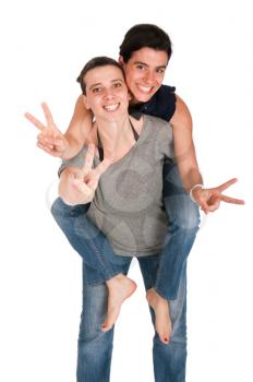 Royalty Free Photo of Sisters Giving the Peace Sign