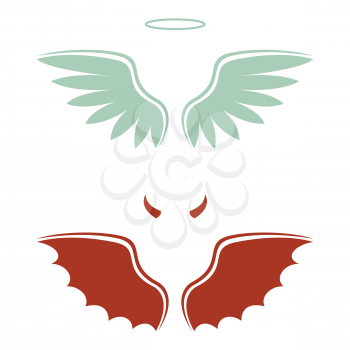 vector illustration of a cartoon devil and angel, wings, horns and halo