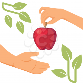 Adam and Eve characters. Woman offer apple to man. Vector flat cartoon illustration