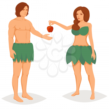 Adam and Eve characters. Woman offer apple to man. Vector flat cartoon illustration