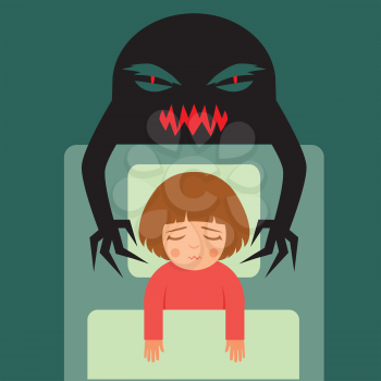 nightmare, vector cartoon illustration of child having bad dreams