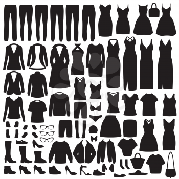 vector illustration of  set women fashion clothes, dress, shirt, shoes, jeans, jacket collection