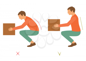 vector illustration of correct lift posture, man lifting heavy box, health care