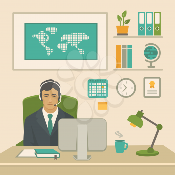  Businessman at work. Office worker man behind a desk and computer. Vector illustration of a flat design