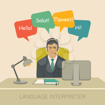 interpreter with speech bubbles in different languages.