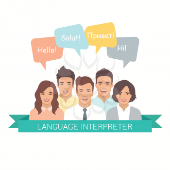 interpreter with speech bubbles in different languages. Communication, translation, teamwork, assistance and connection vector concept