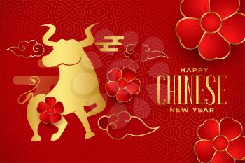 Chinese happy new year with ox and floral red background vector