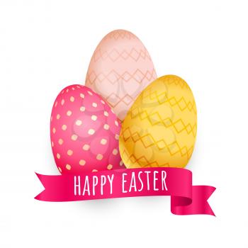 colorful easter eggs with ribbon background