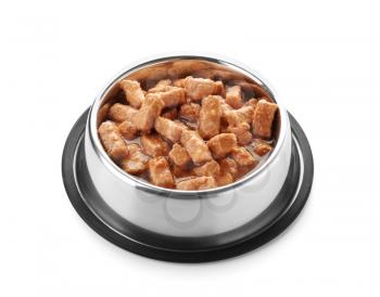 Bowl with pet food on white background�