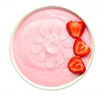 Bowl with tasty strawberry yogurt on white background�