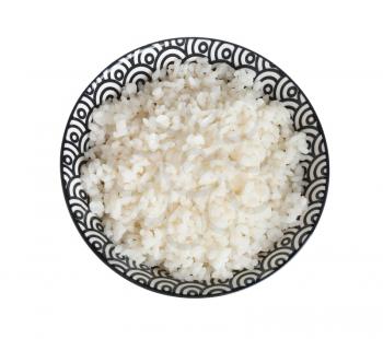 Bowl with freshly cooked rice on white background�