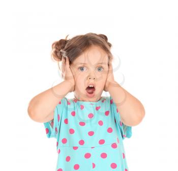 Shocked little girl covering ears with hands on white background�