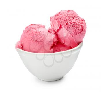 Bowl with delicious strawberry ice-cream on white background�