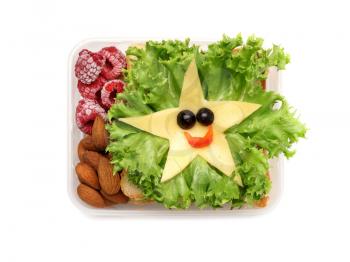 Creative appetizing sandwich in lunch box on white background�