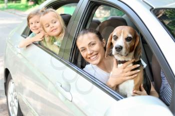 Happy family with cute dog sitting in car�