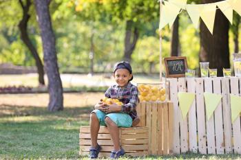 Little African-American boy holding bowl with ripe lemons near stand in park�