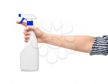 Woman holding bottle of detergent on white background�