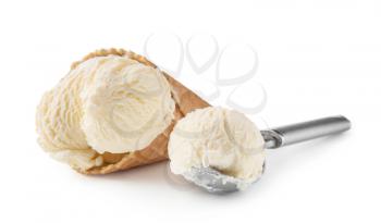 Waffle cone and scoop with delicious ice cream on white background�