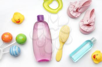 Composition with baby care accessories on white background�
