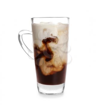 Glass cup of cold coffee on white background�