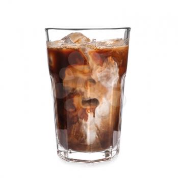 Glass of cold coffee on white background�