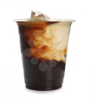 Plastic cup of cold coffee on white background�