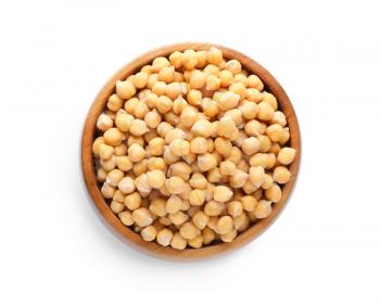 Bowl with chickpeas on white background�