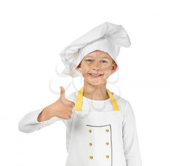 Cute little chef showing thumb-up on white background�